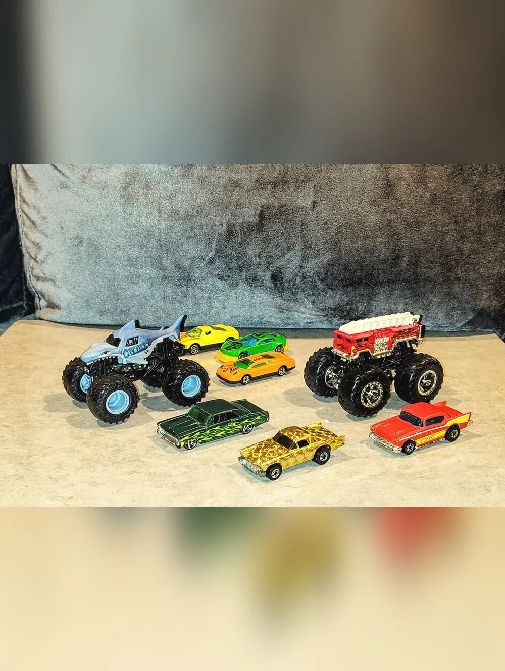 5 VTG HOT WHEELS 57' THUNDERBIRD 57' CHEVY 66' CHEVY NOVA SS & 2 MONSTER TRUCKS